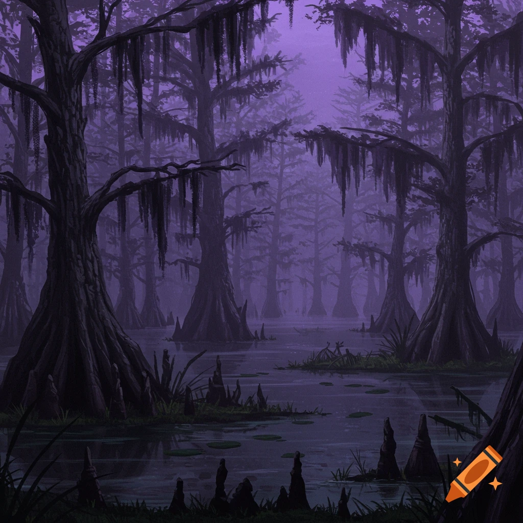 A misty swamp with cypress trees and moss under a purple sky.