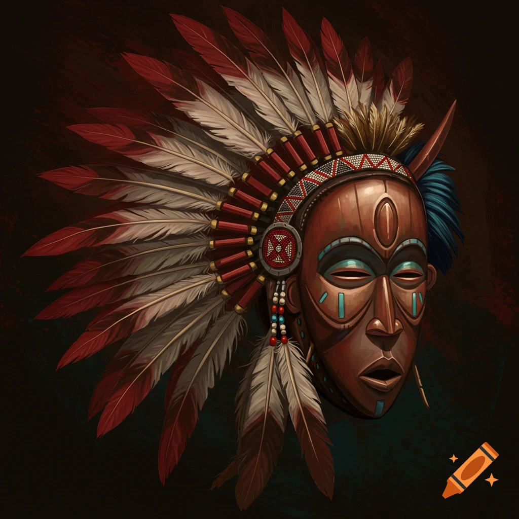 A wooden mask wearing a large feathered headdress.