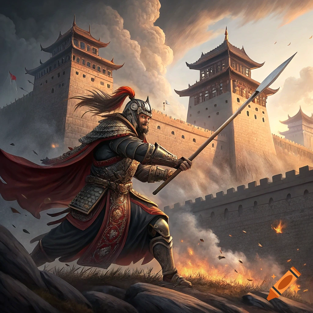 Armored warrior with a spear charges towards a besieged castle under a smoky sky