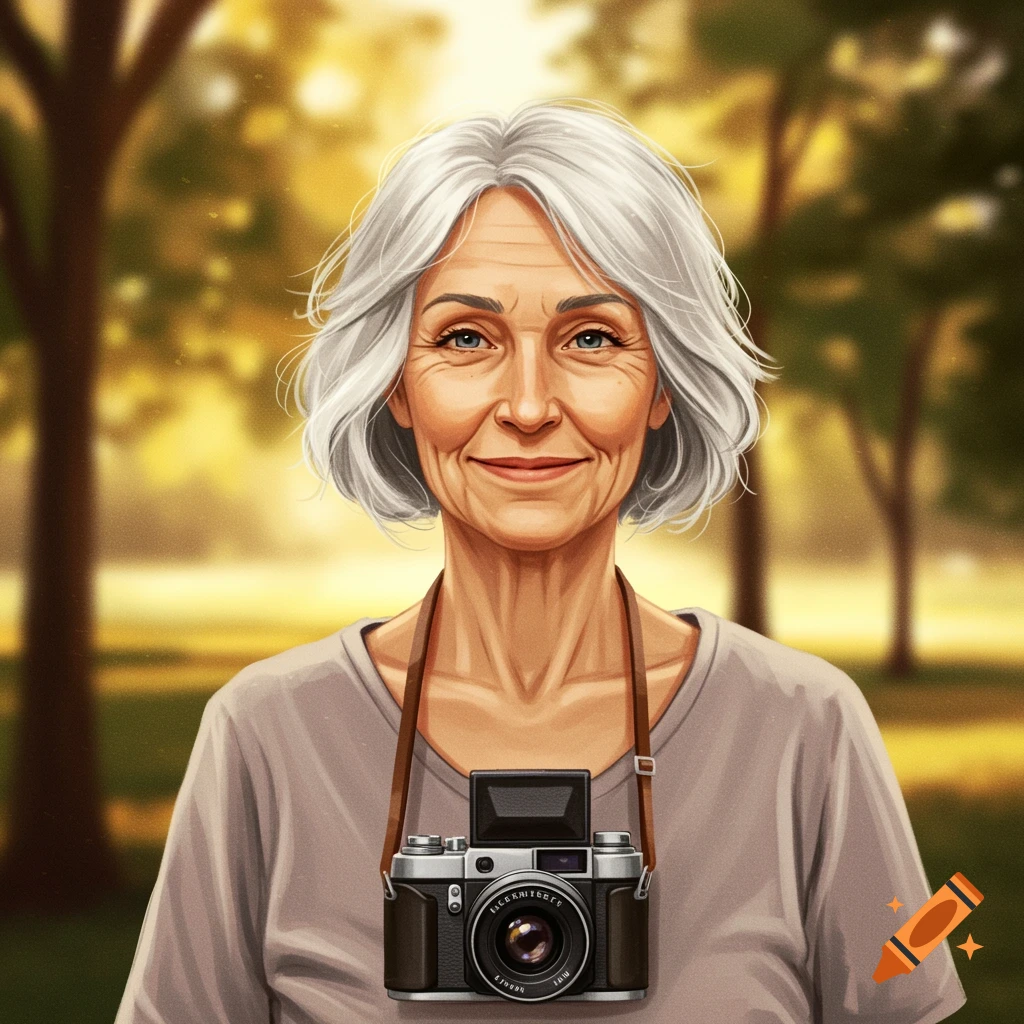 A smiling older woman with silver hair and a vintage camera around her neck is in a blurred park background.