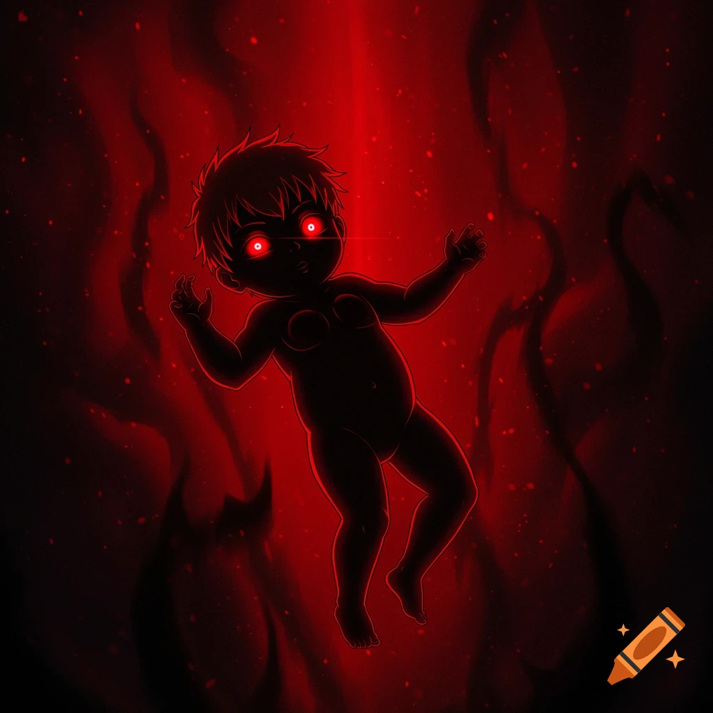 Anime style drawing of a baby with glowing red eyes, floating in a dark red aura.
