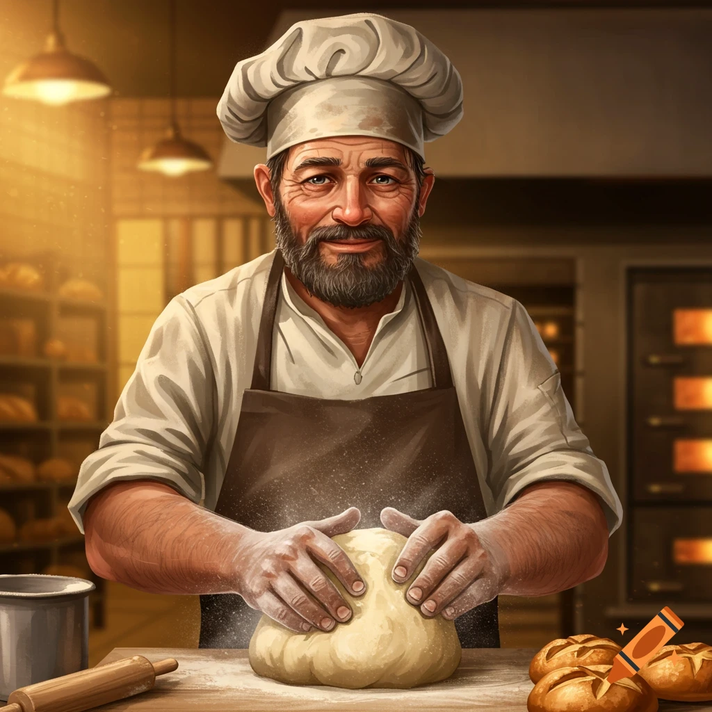 A baker is kneading dough in a bakery.