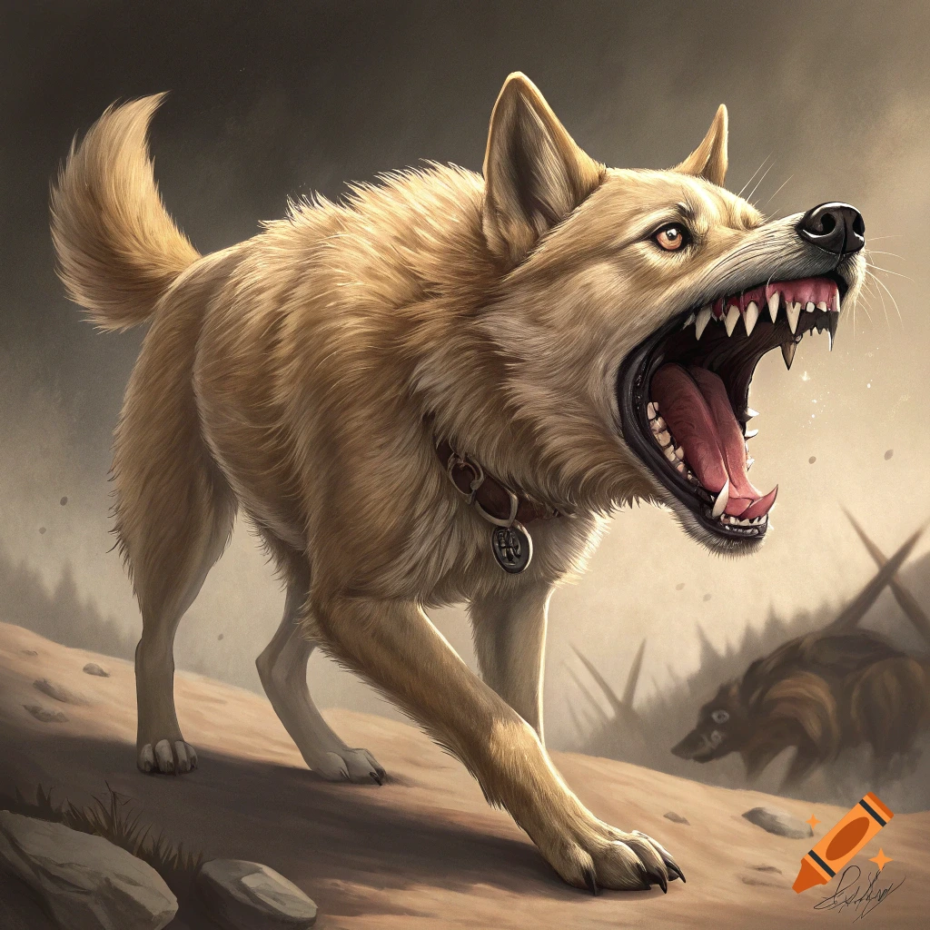 A light brown dog snarls aggressively, showing its teeth, in a stylized art style.