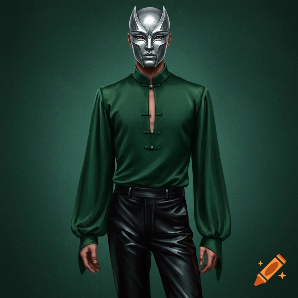 A person in a silver mask and a green flowing shirt with black leather pants.