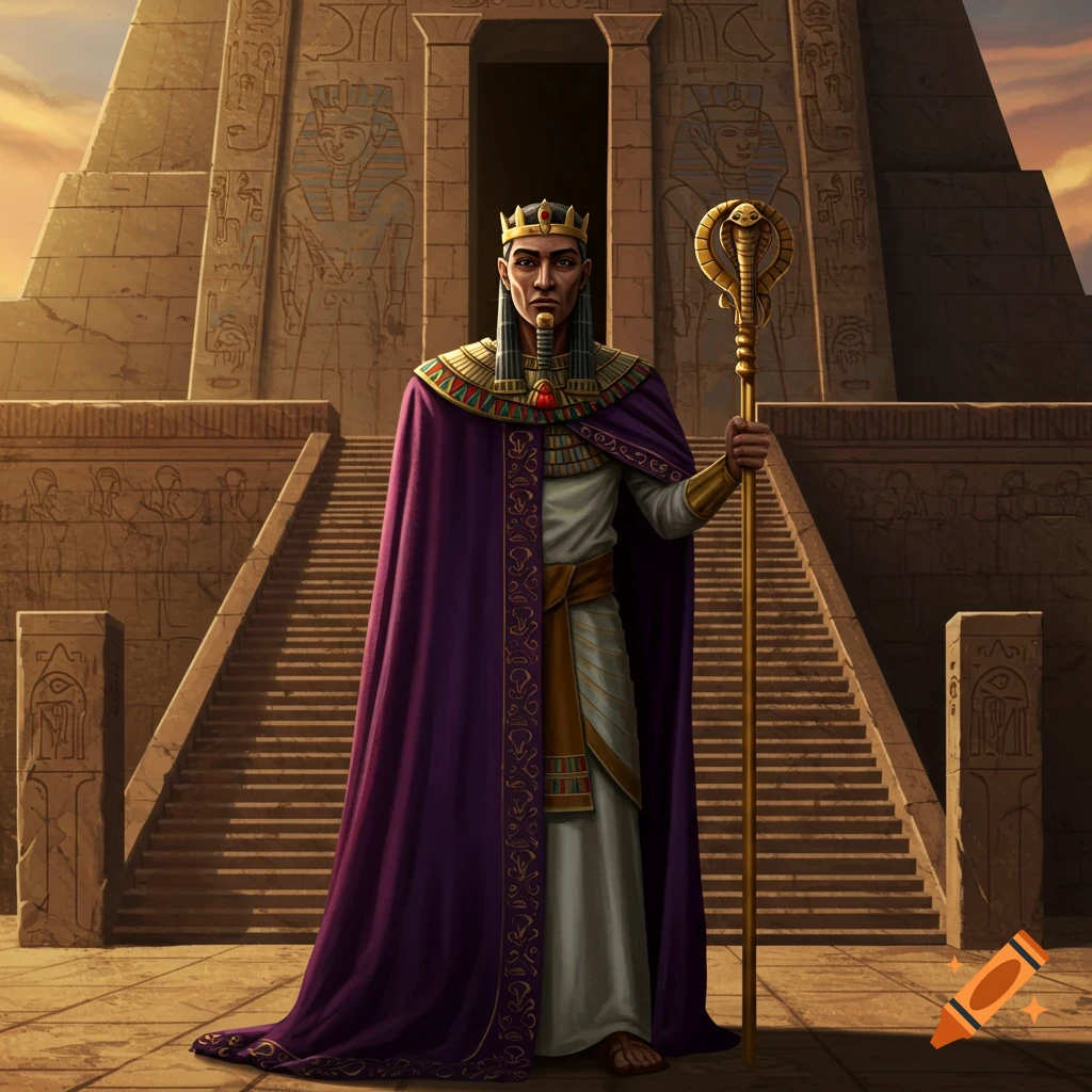 A priest king in a purple cape and crown stands before an ancient Egyptian temple.