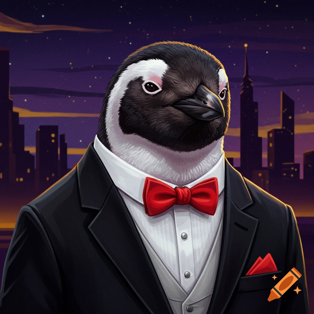 A penguin in a suit and red bow tie standing in front of a city skyline at night.