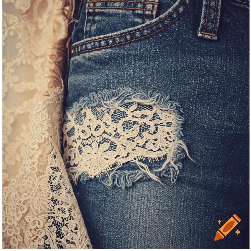 Close-up of blue denim jeans with a lace patch next to white lace fabric.