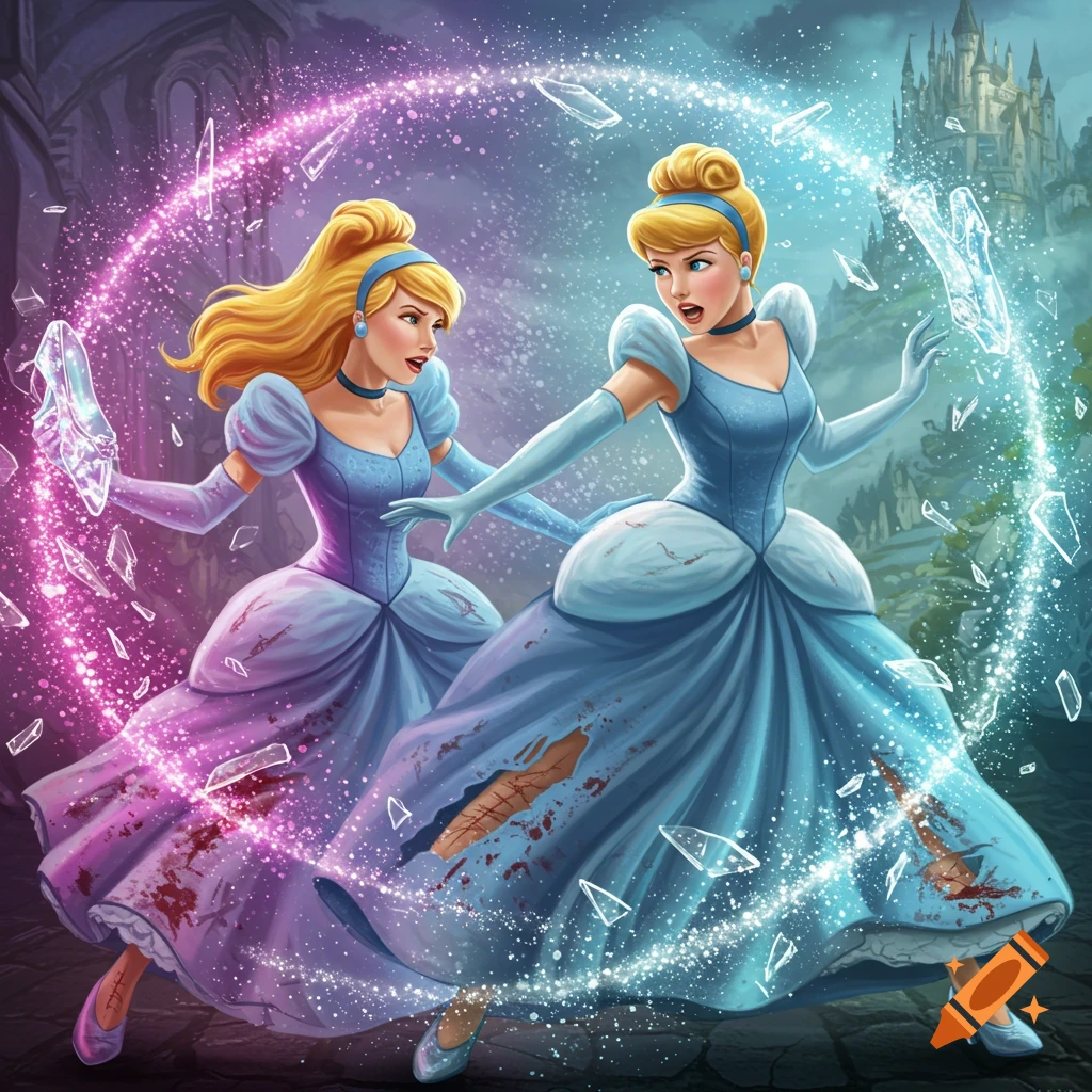 Two Cinderellas with torn dresses and blood stains are fighting, surrounded by magic and breaking glass.