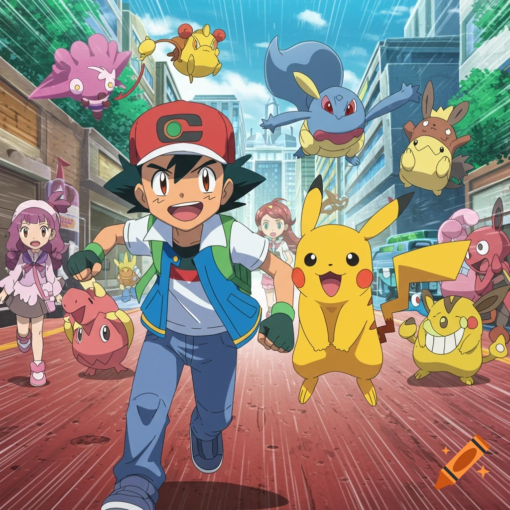 Ash, Pikachu, and other Pokemon and characters run down a city street in anime style.