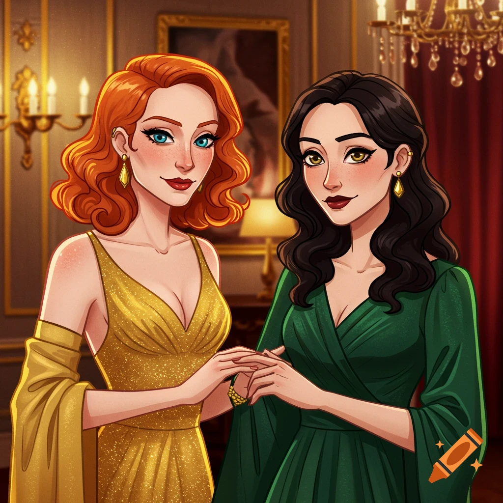 Two women in formal dresses holding hands in a room.