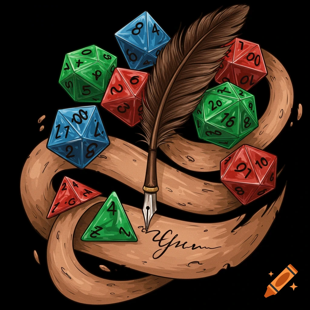 Digital illustration of colorful polyhedral dice and a feather pen on a ribbon