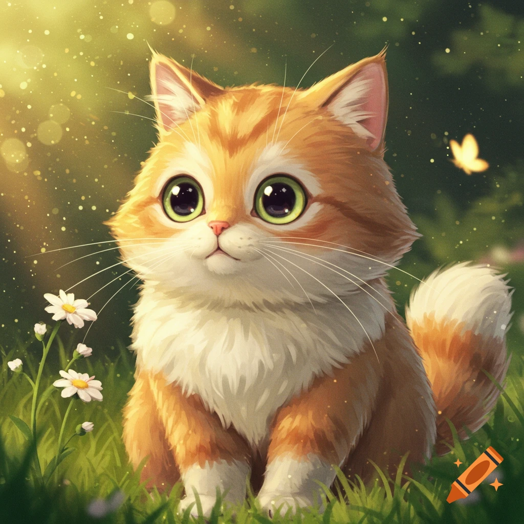Cute Studio Ghibli style illustration of an orange and white cat sitting in sunny grass with flowers and bokeh.