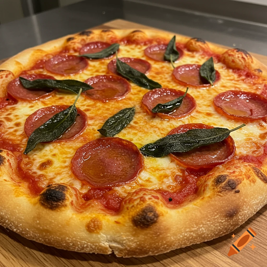 Close-up of a pepperoni and sage pizza on a wooden board.