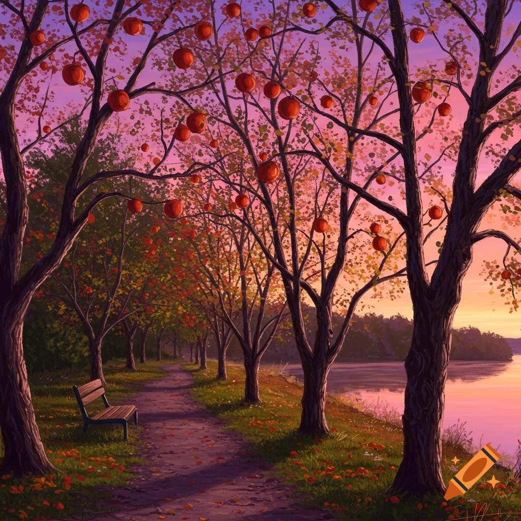 An autumn park path is lined with trees bearing red fruit. A bench sits beside the path near a river. The sky is illuminated by a pink sunset.