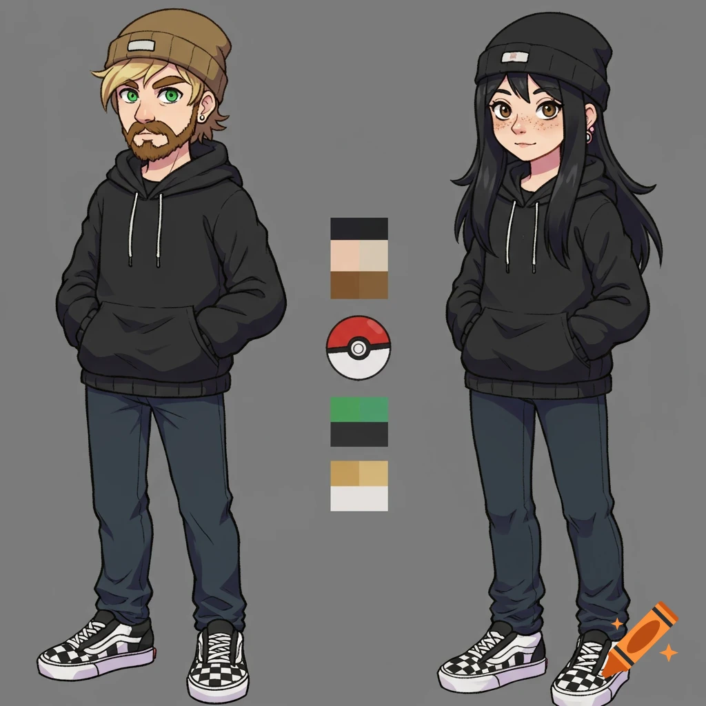 Two anime Pokémon trainers in black hoodies, beanies, and checkerboard Vans.