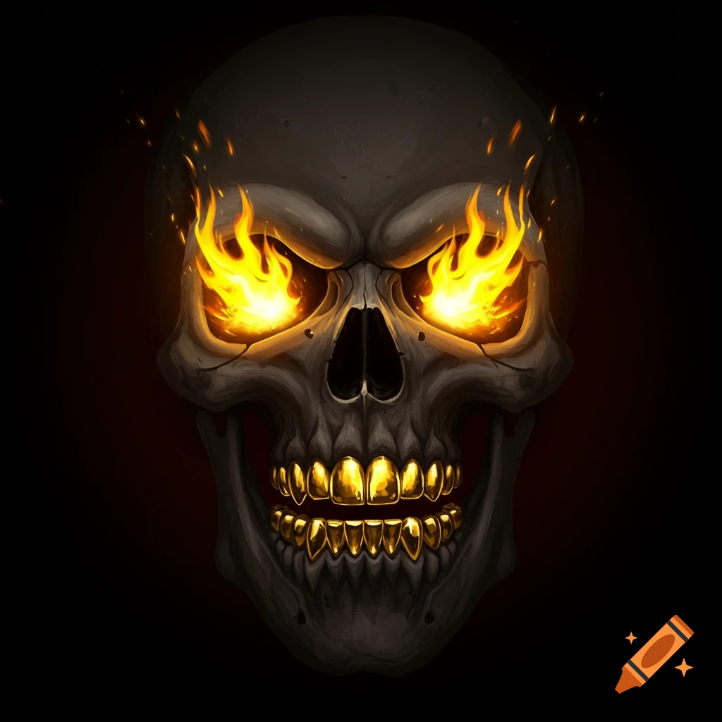 A skull with flaming eyes and gold grillz.