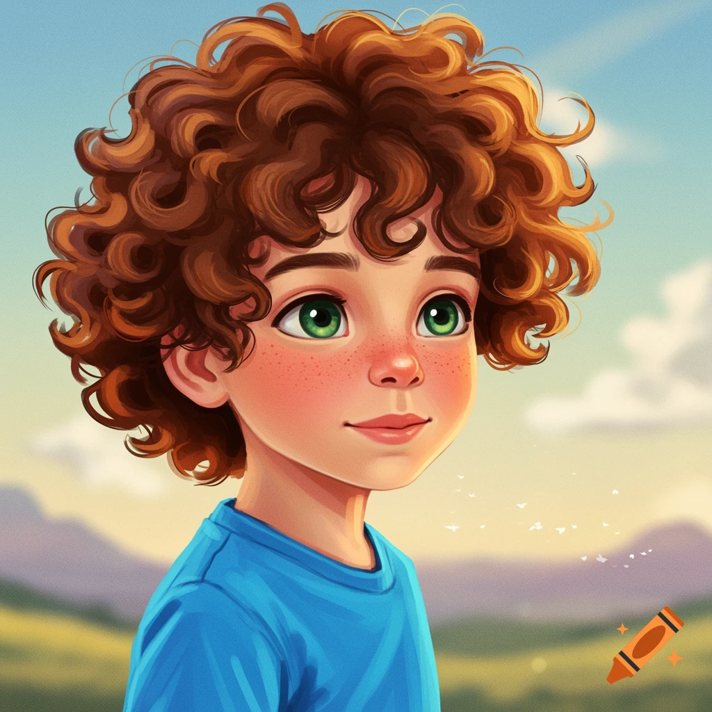 A young boy with curly brown hair and green eyes, looking upwards.