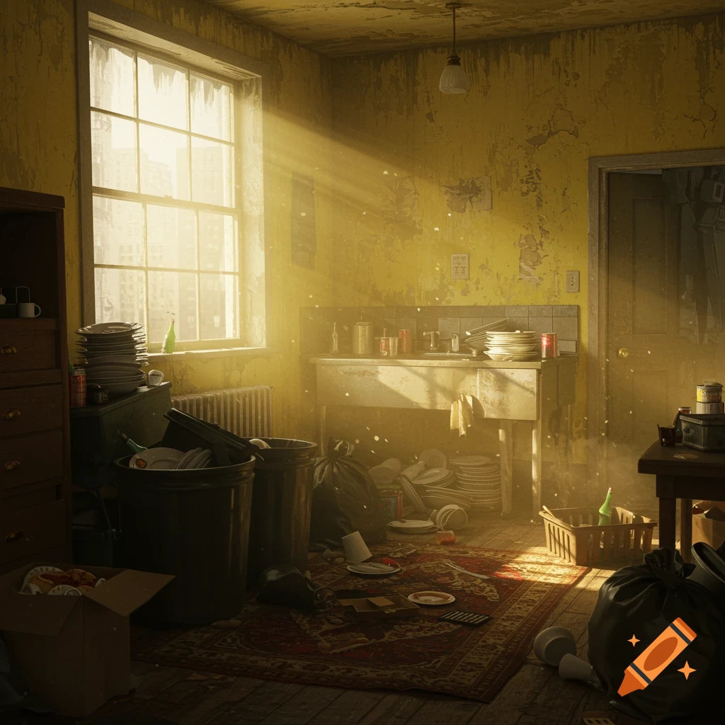 A squalid, cluttered apartment interior with sunlight rays, dirty dishes, and trash.