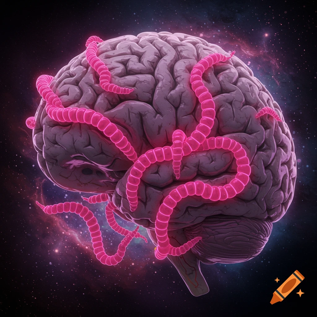 A human brain with glowing pink worms against a space background.