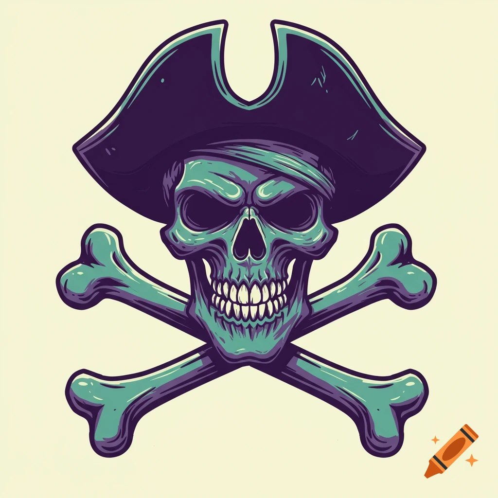Stylized green and purple pirate skull and crossbones logo with a hat.