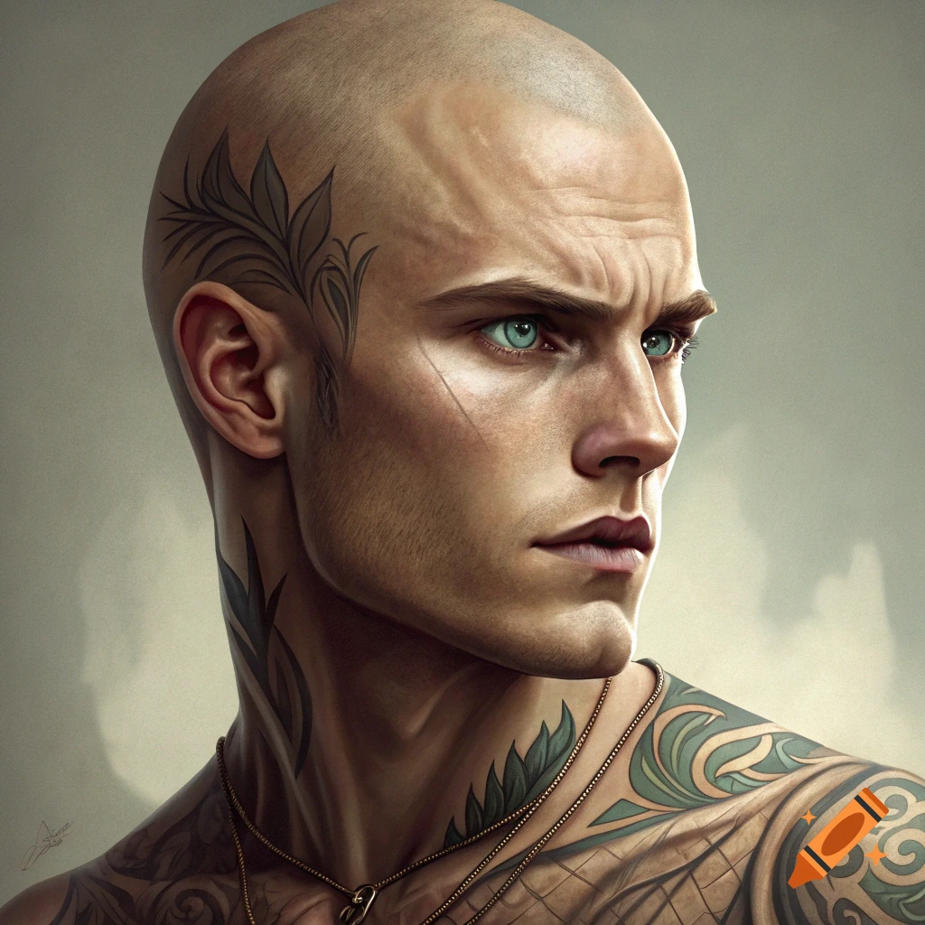 A bald man with blue eyes and intricate tattoos on his head, neck, and shoulders.