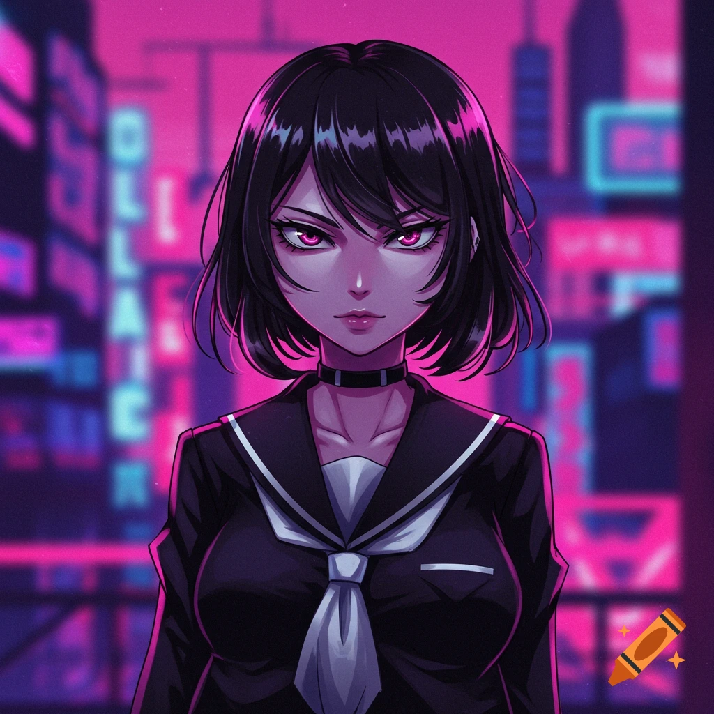 Anime girl in school uniform against cyberpunk city background.