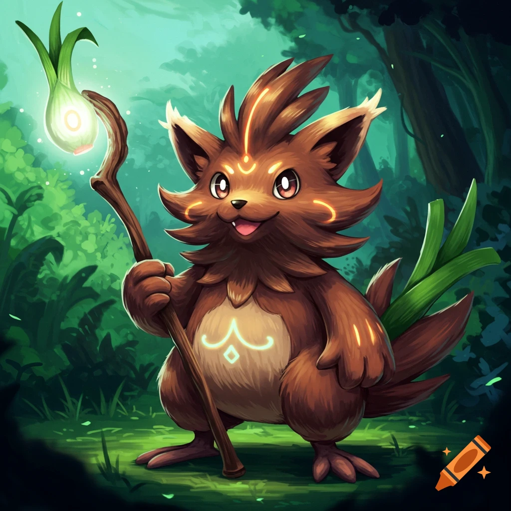 A brown furry fantasy creature resembling a mage Farfetch'd, holding a leek staff in a forest.
