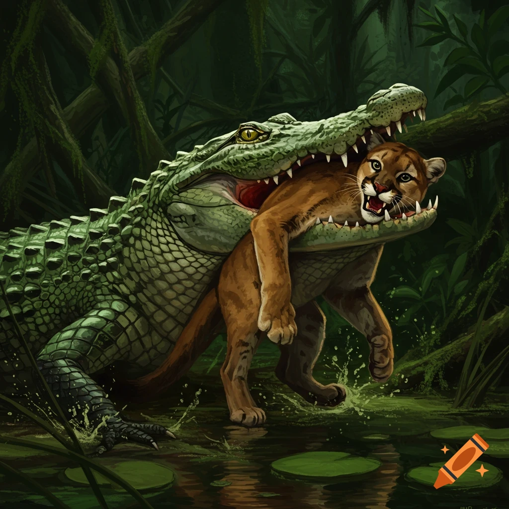 A large crocodile biting and holding a cougar in a jungle swamp.