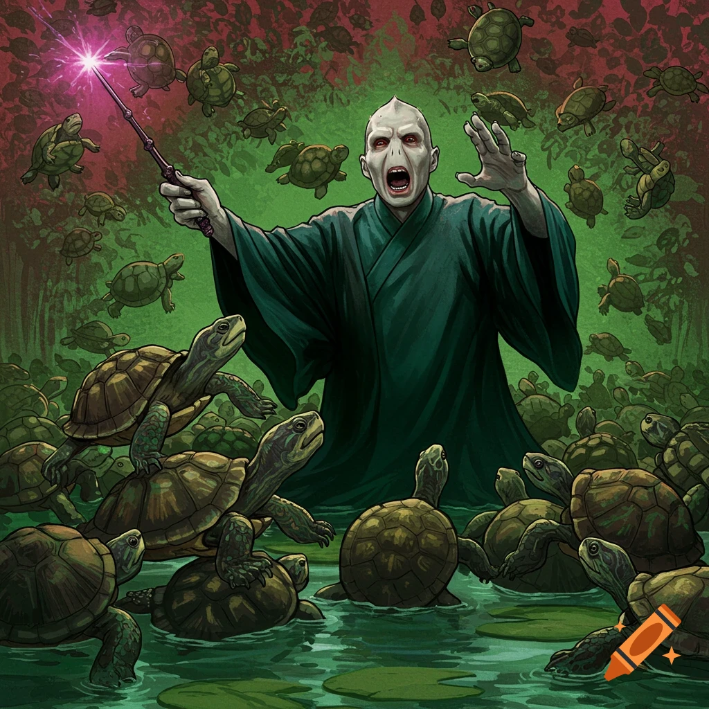 Voldemort surrounded by turtles in a forest, holding a wand.