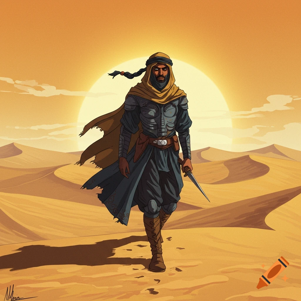 A lone figure in desert gear walks through a desert with a large sun behind them.