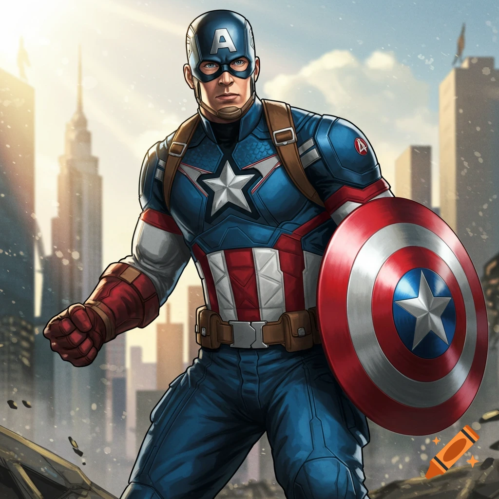 Captain America stands in uniform with his shield.