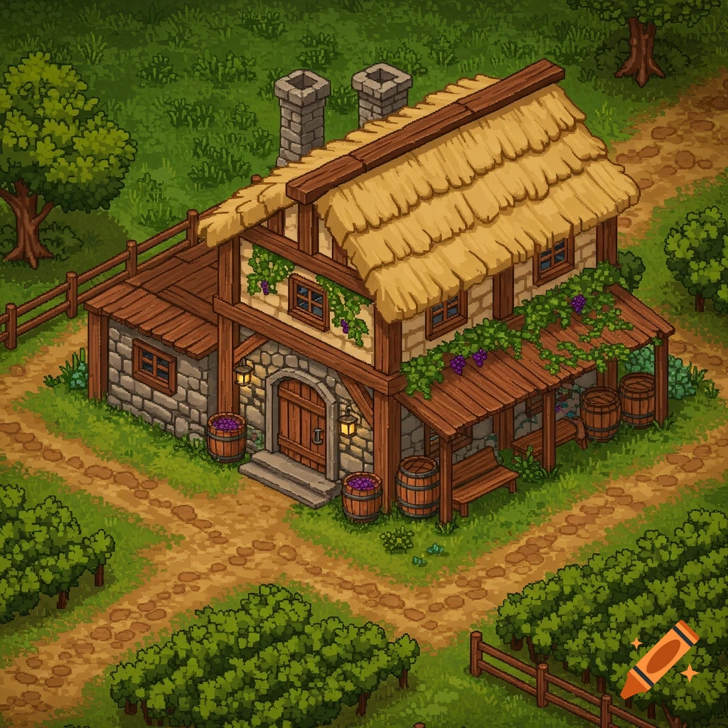 Isometric pixel art of a thatched roof building with a porch and grapevines, resembling a winery or farmhouse.