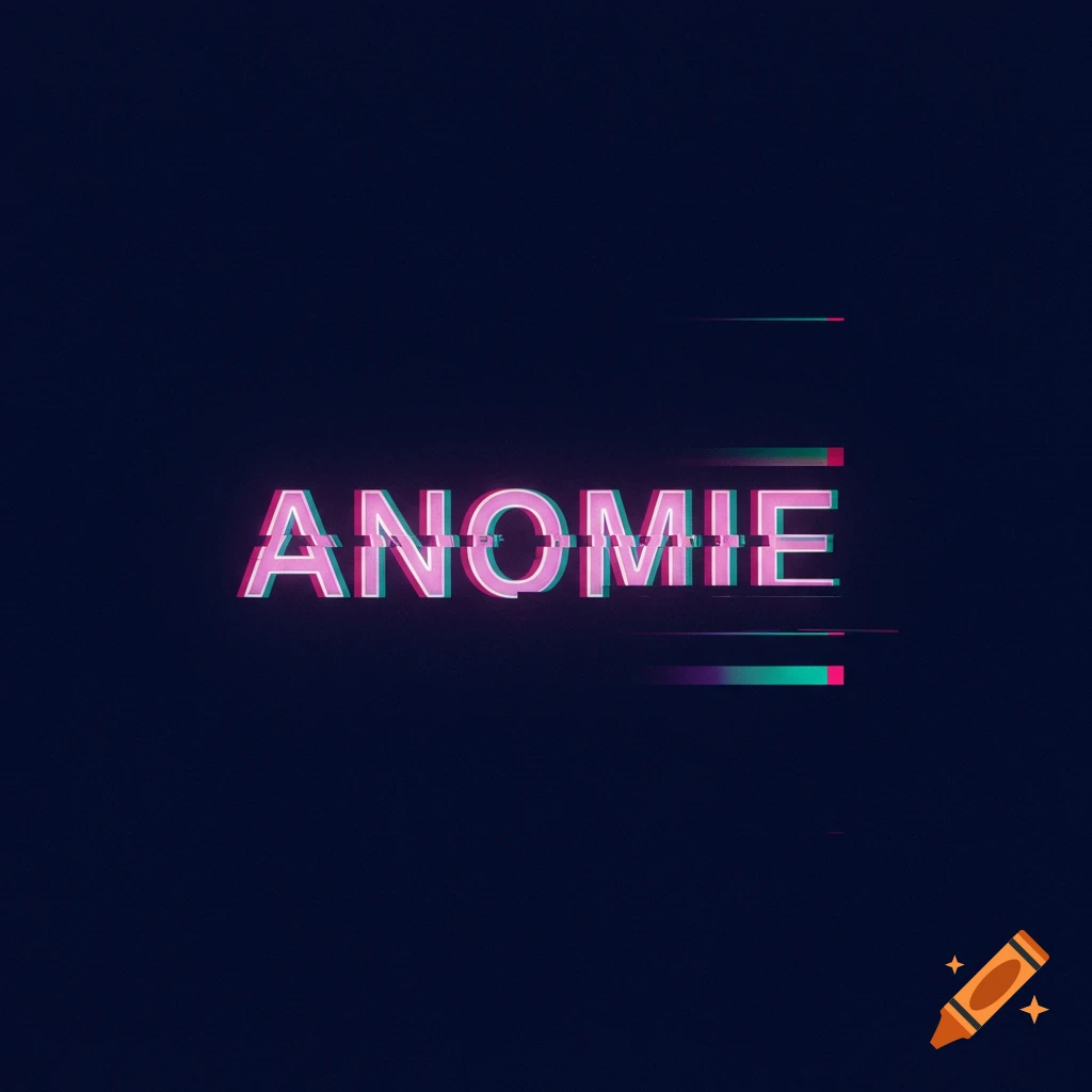 Neon pink glitch text art reading "ANOMIE" on a dark indigo background.