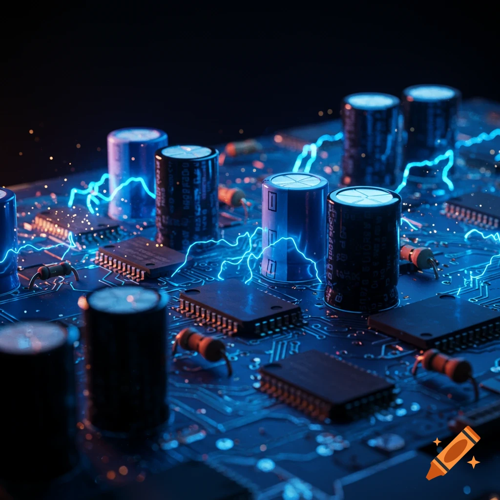 A close-up, cyberpunk-style view of a blue circuit board with glowing electrical traces and detailed components.