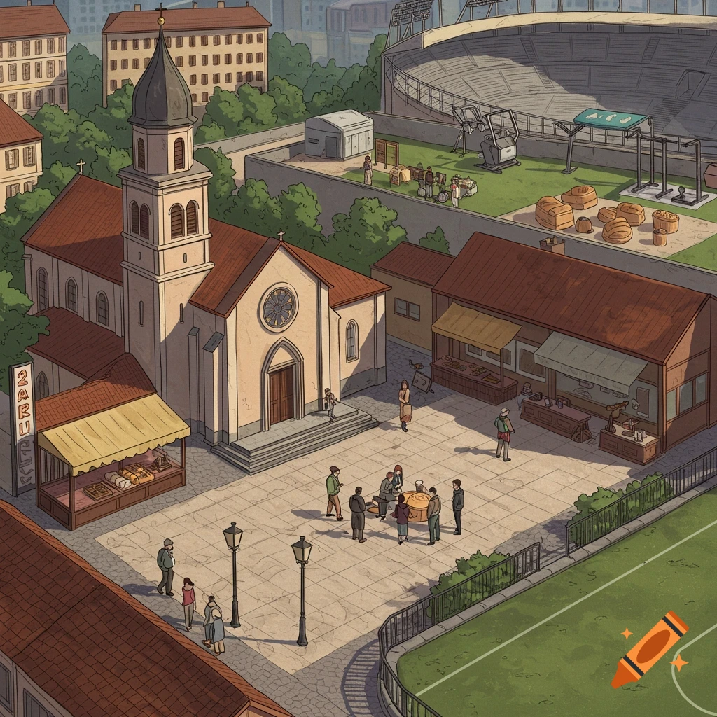 Town square with a church, bakery, people, and stadium in the distance.