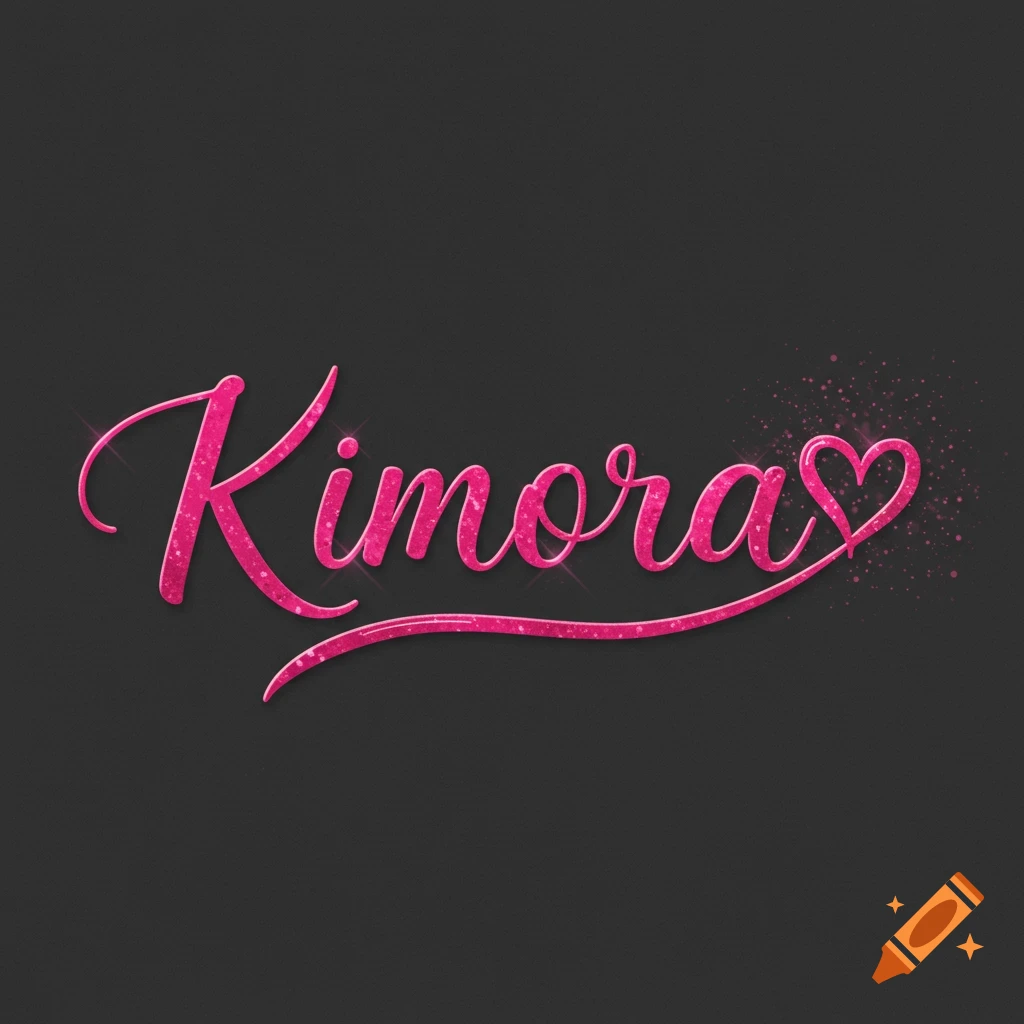 The name Kimora written in sparkly pink cursive script with a heart shape.