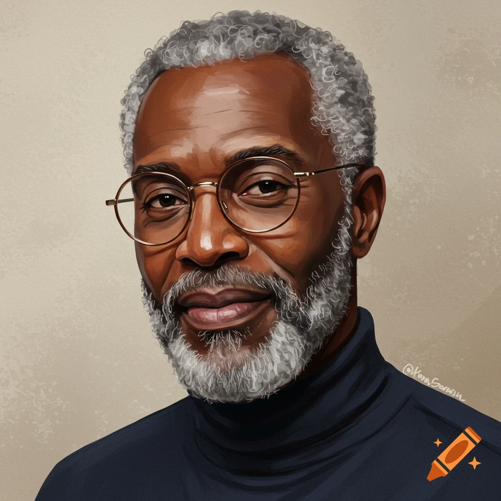 A gray-haired, bearded black man wearing glasses and a dark turtleneck.