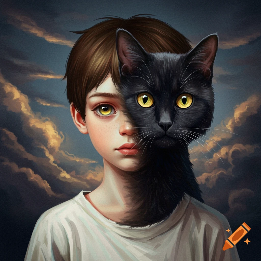 Surreal image of a boy fused with a black cat against a cloudy sky.
