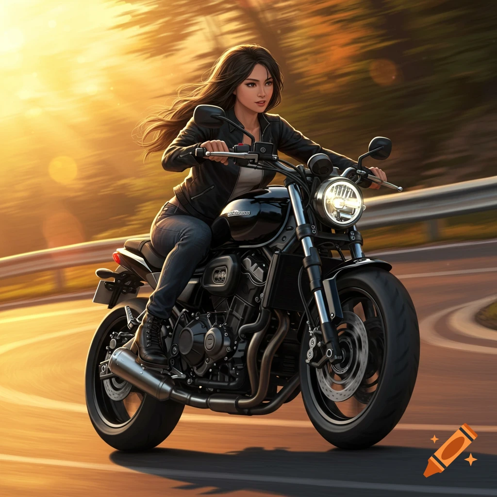 A woman rides a black motorcycle on a winding road at sunset.
