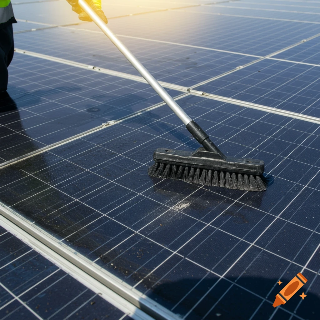 Close-up of someone cleaning solar panels with a long brush on a sunny day.