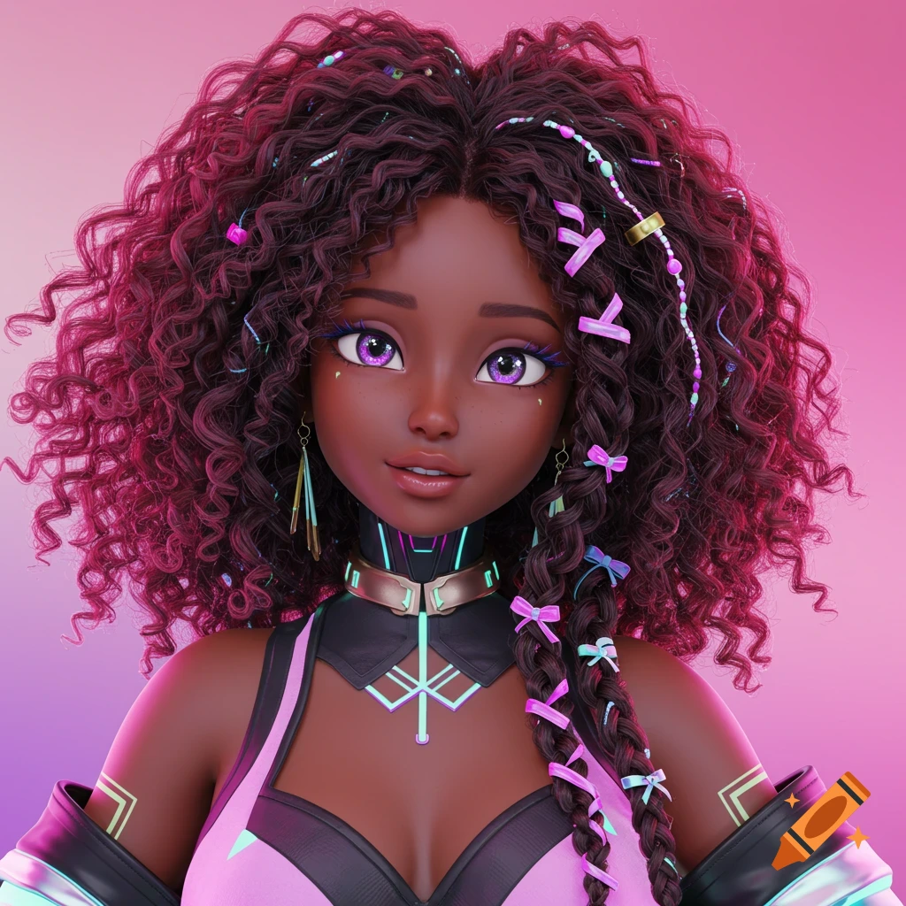 Stylized portrait of a character with dark curly hair and braids, purple eyes, wearing futuristic clothes.