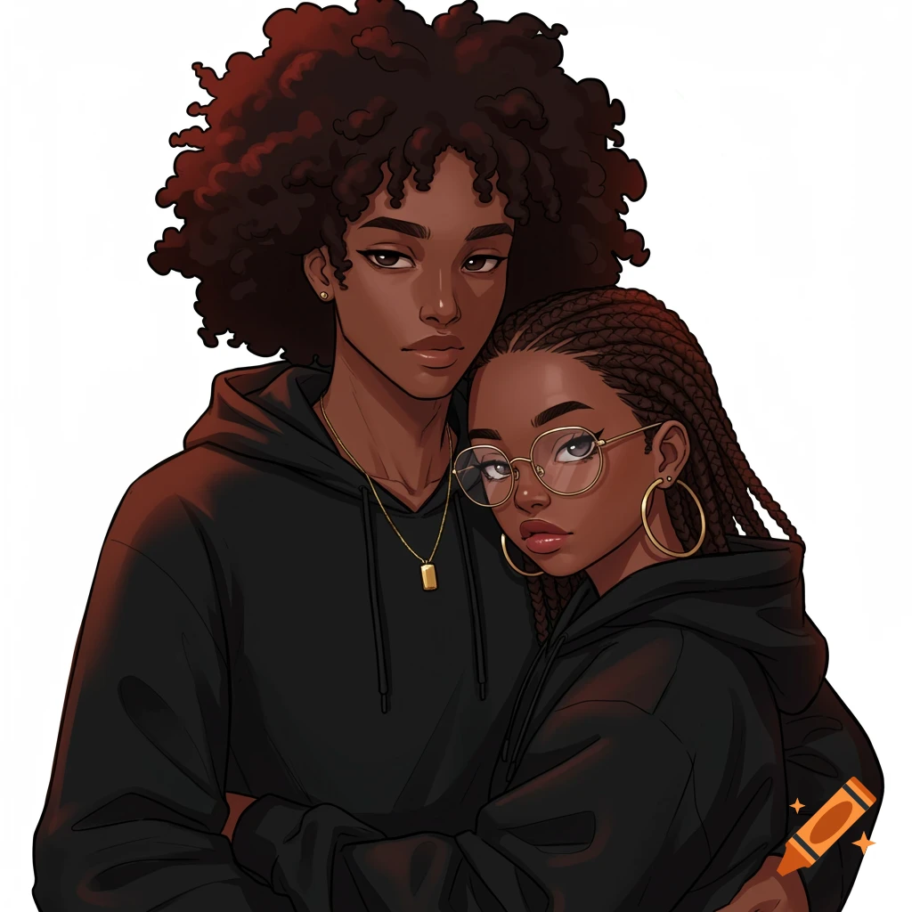 Anime style portrait of two young Black women wearing black hoodies. One has large curly hair and the other has braids and glasses.