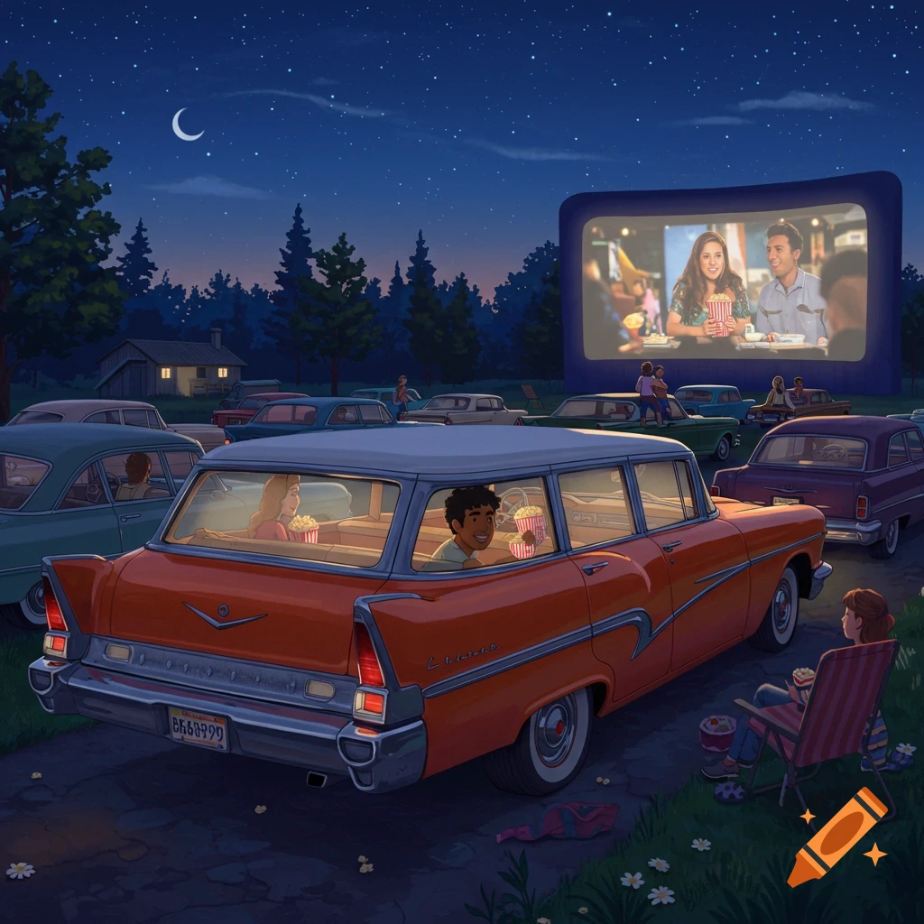 People watching a movie at a drive-in theater from classic cars at night.