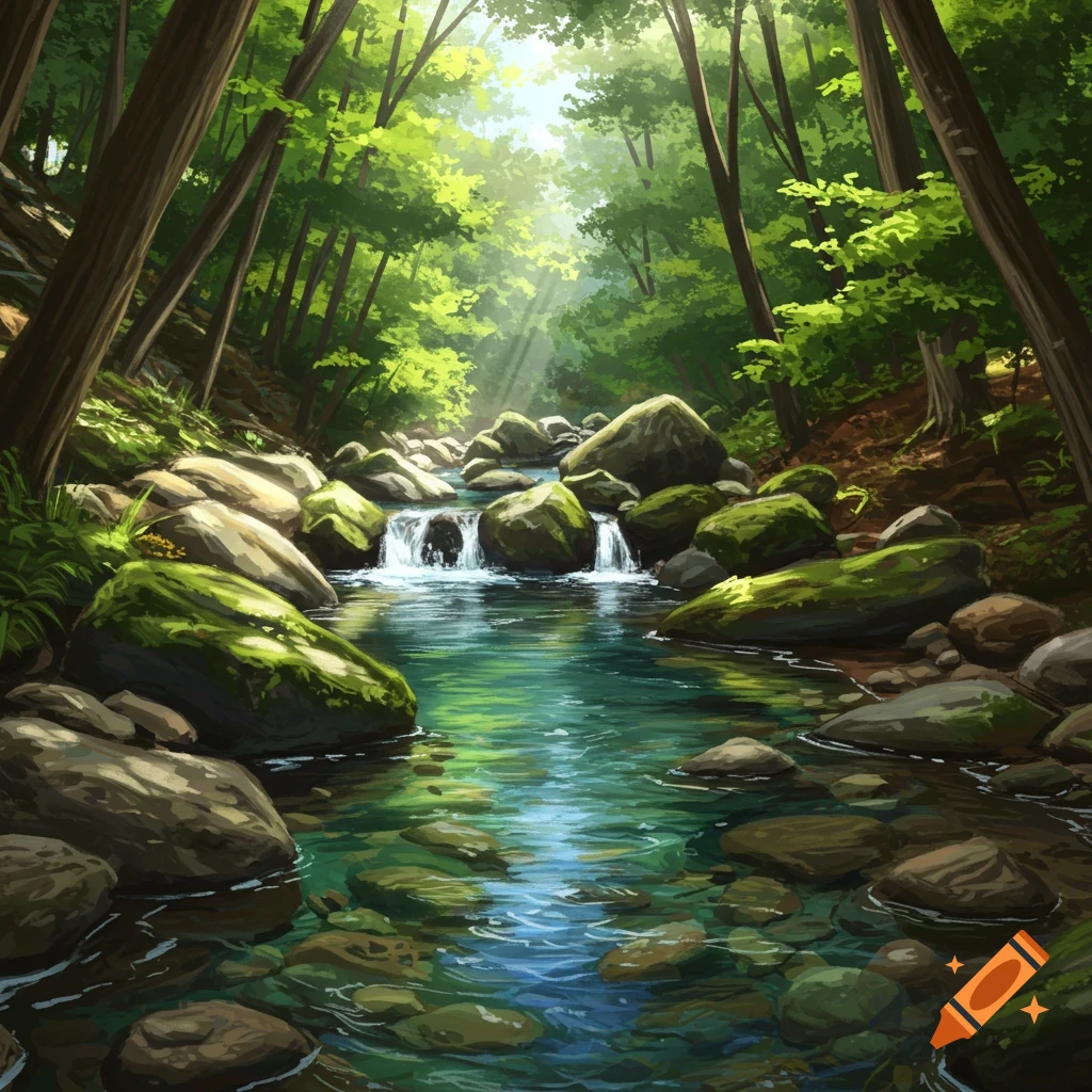 A stream flows through a forest with sunlight filtering through trees