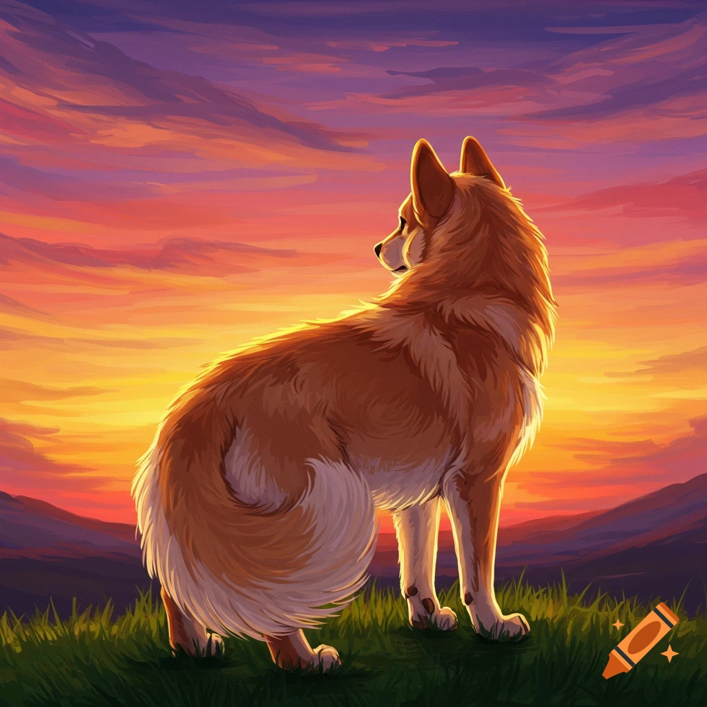 A dog looking at a sunset.