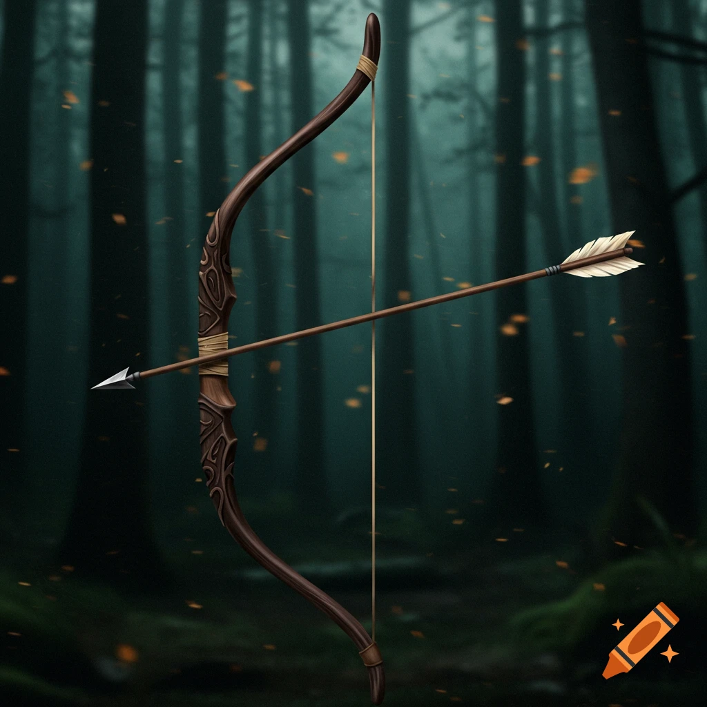 A fantasy bow and arrow in a forest setting.