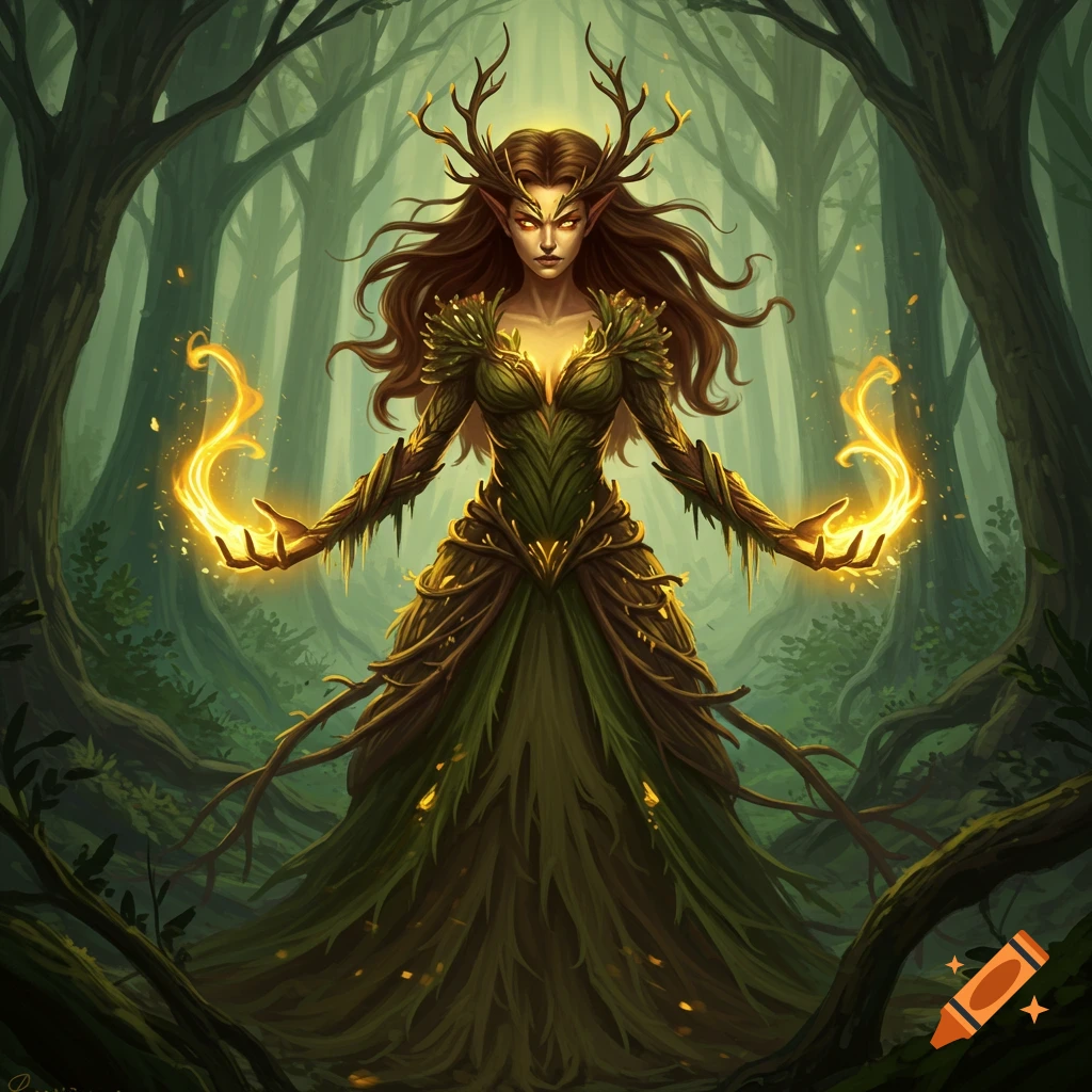A fantasy image of a forest nymph with antlers and a vine dress, wielding golden magic in a forest.