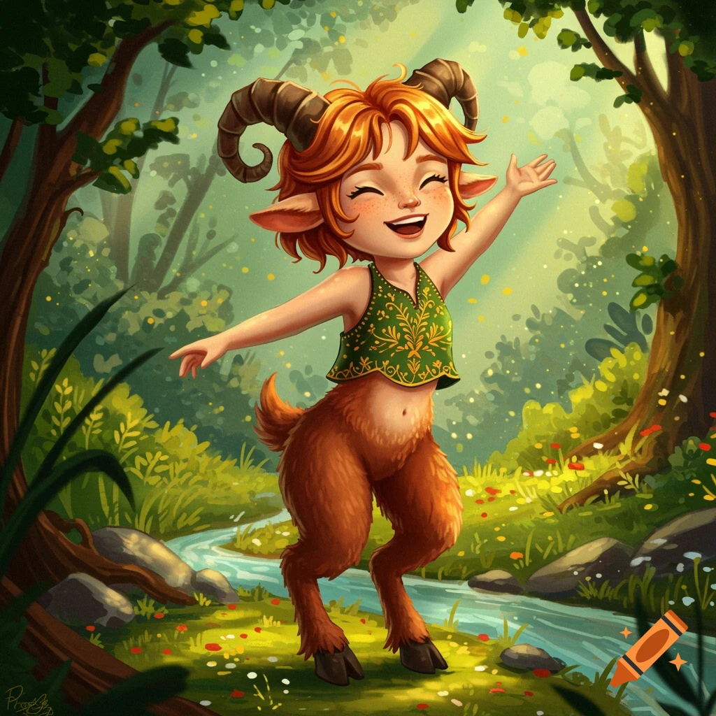 A happy satyr girl dances in a sunny forest by a stream.