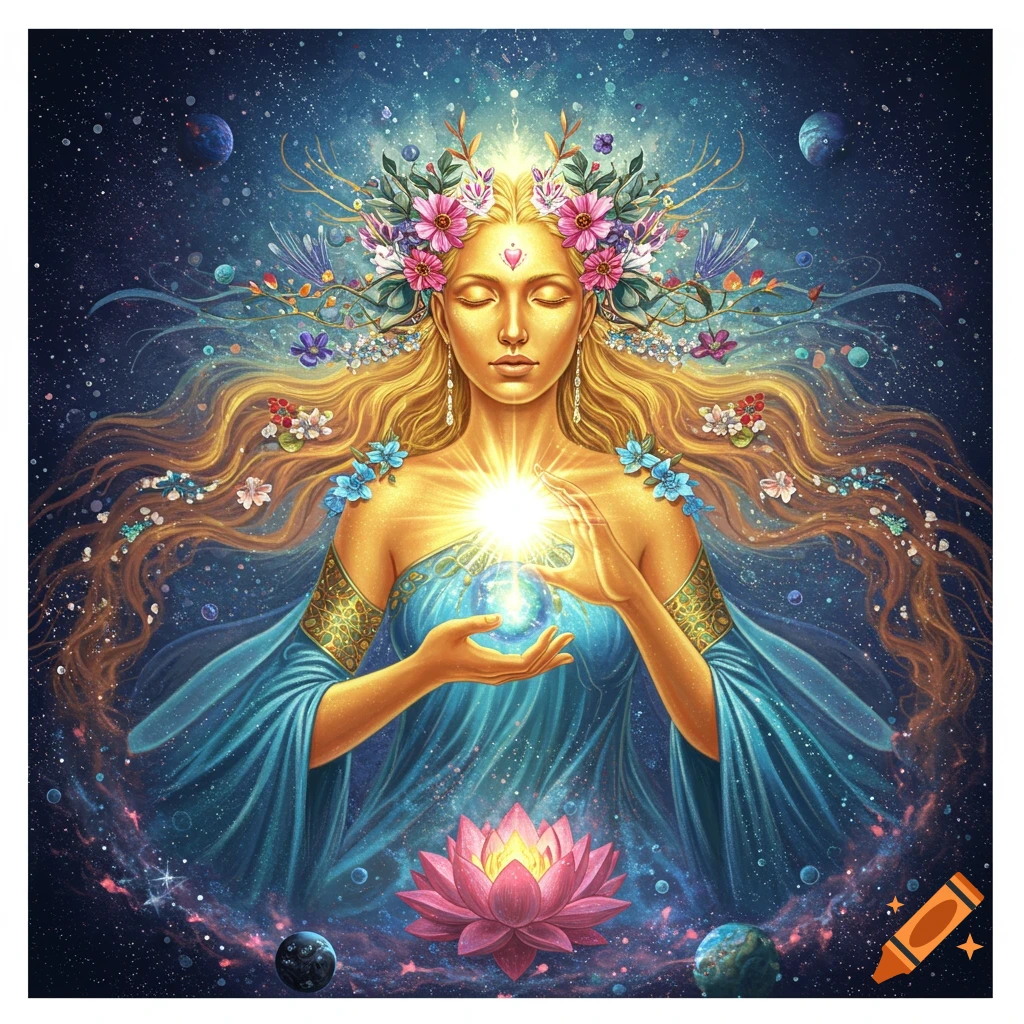 A goddess with long blonde hair has glowing hands and is surrounded by flowers and a lotus floating in space