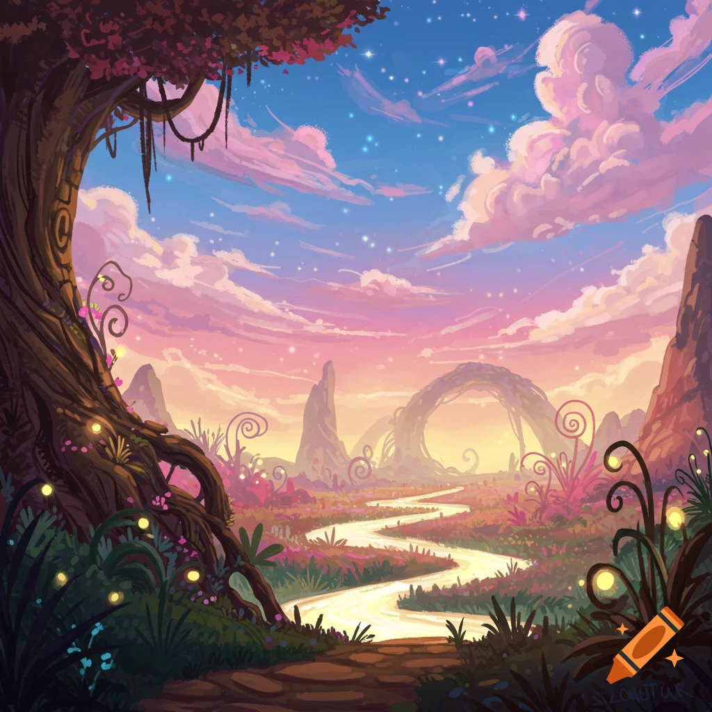 A vibrant fantasy landscape with a winding river, glowing plants, a large twisted tree, and strange rock formations under a pink and blue sky.